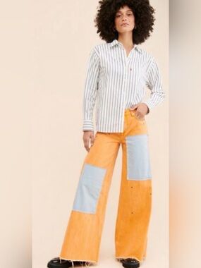 Zgy Embroidered patch wide leg jeans $350 retail